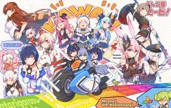 Rule 34 | 6+girls, :d, ;d, absurdres, ahoge, ai-chan (honkai impact), animal ears, anniversary, aqua gemstone, arm up, armlet, armor, bare shoulders, black dress, black gloves, black jacket, black kimono, black sleeves, blowing, blue eyes, blue hair, blue necktie, blue skirt, bodysuit, breasts, bronya zaychik, bronya zaychik (herrscher of reason), brown hair, china dress, chinese clothes, claw (weapon), closed eyes, closed mouth, crossed out, detached sleeves, dress, dual persona, elbow gloves, eyepatch, facing viewer, fox ears, fox mask, frilled skirt, frills, fu hua, fu hua (phoenix), gem, gloves, green hair, grey eyes, grey hair, hair ornament, hand on own hip, heart, highres, holding, holding scythe, holding stuffed toy, holding sword, holding weapon, honkai (series), honkai impact 3rd, horns, jacket, jacket on shoulders, japanese armor, japanese clothes, jewelry, jingwei&#039;s wings, jingwei (bird), kallen kaslana, kallen kaslana (hanami daimyo), kallen kaslana (sixth serenade), katana, kiana kaslana, kiana kaslana (void drifter), kiana kaslana (white comet), kimono, liliya olenyeva, long hair, long sleeves, looking at viewer, low-tied long hair, low ponytail, mask, mask on head, motor vehicle, motorcycle, multiple girls, murata himeko, murata himeko (arctic kriegsmesser), murata himeko (frisian cutlass), murata himeko (valkyrie triumph), necktie, ninja, one eye closed, open mouth, pink hair, pink skirt, polka dot, polka dot background, ponytail, purple eyes, purple hair, raiden mei, raiden mei (striker fulminata), red gloves, red hair, red jacket, reverse grip, rita rossweisse, rita rossweisse (hanafuda oyabun), rita rossweisse (umbral rose), rozaliya olenyeva, sarashi, scythe, seele (alter ego), seele vollerei, seele vollerei (swallowtail phantasm), shirt, short hair, siblings, single horn, skirt, smile, stuffed toy, sword, theresa apocalypse, theresa apocalypse (celestial hymn), theresa apocalypse (empyrean psalms), thinking, twins, twintails, weapon, white bodysuit, white dress, white hair, white jacket, white shirt, yae kasumi, yae sakura, yellow eyes, yumegiwa (skgl thx)