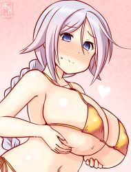 Rule 34 | 1girl, alternate costume, bikini, blue eyes, blush, braid, breasts, commentary request, gold bikini, gradient background, grey hair, hair flaps, kanon (kurogane knights), kantai collection, large breasts, long hair, mole, mole under eye, navel, nose blush, pink background, side-tie bikini bottom, single braid, solo, swimsuit, umikaze (kancolle), upper body, very long hair
