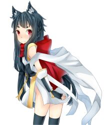 Rule 34 | 1girl, alternate color, animal ears, black hair, black thighhighs, blush, cat ears, cat girl, closed mouth, commentary request, cowboy shot, dress, highres, long hair, looking at viewer, meiko (nattu303), ninja, ninja (ragnarok online), no panties, ragnarok online, red eyes, red scarf, scarf, short dress, simple background, sleeveless, sleeveless dress, smile, solo, thick eyebrows, thighhighs, v-shaped eyebrows, vambraces, very long hair, white background, white dress