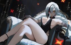 Rule 34 | 1girl, alternate costume, arlecchino (genshin impact), armpits, bare shoulders, black dress, black hair, breasts, bug, candle, candlestand, cleavage, commentary, cross, cross earrings, crossed legs, dress, earrings, english commentary, genshin impact, glowing, glowing eyes, high heels, highres, insect, jewelry, large breasts, moth, multicolored hair, neo (neorarty3), red eyes, short hair, sideburns, solo, symbol-shaped pupils, two-tone hair, white hair, x-shaped pupils