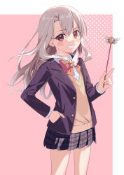 1girl absurdres akaneko016 black_skirt blue_jacket blush bow bowtie breasts collared_shirt fate/kaleid_liner_prisma_illya fate_(series) grin highres illyasviel_von_einzbern jacket long_hair long_sleeves looking_at_viewer magical_ruby red_eyes shirt sidelocks skirt small_breasts smile solo sweater wand white_hair yellow_sweater