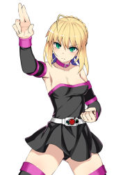 1girl ahoge armpits artoria_pendragon_(fate) bare_shoulders belt black_dress blonde_hair blush braid braided_bun breasts cleavage collarbone cosplay detached_sleeves dress fate/stay_night fate_(series) green_eyes hair_between_eyes hair_bun henshin_pose kamen_rider kamen_rider_black_(series) long_hair looking_at_viewer medium_breasts medusa_(fate) medusa_(rider)_(fate) medusa_(rider)_(fate)_(cosplay) namonashi saber_(fate) sidelocks simple_background strapless strapless_dress thighhighs thighs white_background
