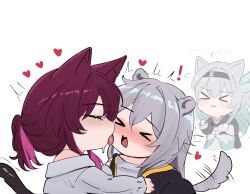 Rule 34 | !, &gt; &lt;, 3girls, absurdres, animal ear fluff, animal ears, arnkun, bare shoulders, black coat, black hair, black jacket, black ribbon, blue dress, blue hair, blush, buttons, cat ears, cat tail, clenched hands, closed eyes, closed mouth, coat, colored inner hair, commentary, crossed bangs, dress, english commentary, firefly (honkai: star rail), gradient hair, grey hair, grey shirt, hair between eyes, hair ornament, hair ribbon, hands up, heart, highres, honkai: star rail, honkai (series), jacket, kafka (honkai: star rail), kemonomimi mode, leaf hair ornament, licking, long hair, long sleeves, multicolored hair, multiple girls, off-shoulder shirt, off shoulder, open clothes, open coat, open mouth, pink hair, ponytail, puffy long sleeves, puffy sleeves, purple hair, raccoon ears, raccoon tail, ribbon, shirt, sidelocks, simple background, stelle (honkai: star rail), t-shirt, tail, tongue, tongue out, trailblazer (honkai: star rail), trembling, two-tone dress, upper body, white background, white dress, yuri