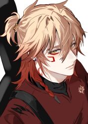 Rule 34 | 1boy, black undershirt, blonde hair, braid, commentary, facial tattoo, gradient hair, guitar case, hair between eyes, highres, honkai: star rail, honkai (series), instrument case, jujeop, looking at viewer, male focus, medium hair, multicolored hair, mydei (honkai: star rail), ponytail, red hair, red shirt, red tattoo, shirt, side braid, simple background, solo, symbol-only commentary, tattoo, white background, yellow eyes