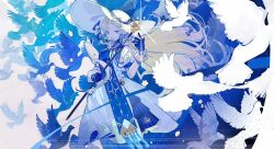 1girl animal artist_name bird black_gloves blonde_hair blue_sash commentary gloves hashtag-only_commentary hat highres holding holding_staff large_hat long_hair phoebe_(wuthering_waves) purple_eyes qinghejunzi sash shirt skirt solo staff watermark white_hat white_shirt white_skirt wuthering_waves