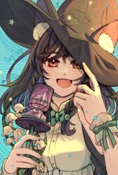 1girl :d animal_ear_fluff animal_ears aqua_bow aqua_bowtie beamed_sixteenth_notes black_hair black_hat blue_background bow bowtie braided_sidelocks brown_eyes ears_through_headwear eighth_note fang flower hands_up hat highres holding keri_ryou lily_linglan lily_of_the_valley looking_at_viewer musical_note musical_note_background musical_staff open_mouth shirt smile solo the_box_(vtuber) traditional_bowtie upper_body virtual_youtuber white_shirt wolf_ears wolf_girl