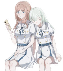 2girls absurdres bang_dream! bang_dream!_it&#039;s_mygo!!!!! blue_eyes brown_hair cellphone chinese_commentary closed_eyes closed_mouth commentary_request crimiko dress green_hair highres holding holding_phone long_hair multiple_girls nagasaki_soyo phone sailor_collar school_uniform short_sleeves simple_background sitting smartphone tsukinomori_school_uniform wakaba_mutsumi white_background white_dress white_sailor_collar