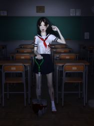1girl 3d artist_request black_hair blood blush classroom female_focus flat_chest full_body highres loli looking_at_viewer monster_girl school_uniform serafuku shovel solo tagme zombie zombie_girl