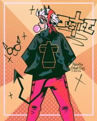 bubble chewing_gum demon_girl helltaker highres horns jacket justice_(band) justice_(helltaker) looking_at_viewer looking_back pants red_pants sky_hawkins sunglasses tail tomboy white_hair