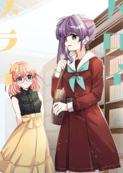 2girls aqua_neckerchief bag bare_shoulders black_shirt bookshelf brown_bag brown_dress collared_shirt commentary_request dress glasses green_eyes hasu_no_sora_school_uniform highres hinoshita_kaho hinoshita_kaho_(ishikawa_prefectural_library) holding_strap indoors kanduki_kamibukuro light_particles link!_like!_love_live! lone_nape_hair long_hair long_sleeves love_live! medium_dress medium_hair multiple_girls neckerchief open_mouth orange_hair orange_skirt otomune_kozue pleated_dress red-framed_eyewear sailor_collar sailor_dress school_bag school_uniform second-party_source shirt side_ponytail sidelocks skirt sleeveless sleeveless_shirt standing two_side_up virtual_youtuber white_sailor_collar winter_uniform