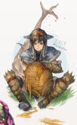 Rule 34 | 1girl, absurdres, armor, baggi (armor), bare tree, bee, blue armor, brown eyes, brown hair, bug, food, highres, holding, holding food, honey, honeycomb (object), insect, leaning on object, malomalobear, monster hunter (series), on ground, sitting, tongue, tongue out, tree