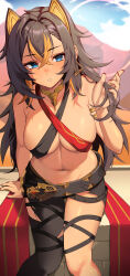 1girl absurdres animal_ears bare_shoulders black_hair blonde_hair blue_eyes breasts brown_hair cleavage crossed_bangs dark-skinned_female dark_skin dehya_(genshin_impact) earrings genshin_impact gloves gold_trim hair_between_eyes halterneck highres jewelry large_breasts lessone long_hair looking_at_viewer multicolored_hair navel sidelocks single_earring solo stomach streaked_hair tan two-tone_hair