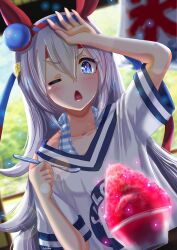 Rule 34 | 1girl, alternate costume, animal ears, arm up, artist name, blue eyes, blurry, blurry background, collarbone, commentary request, dated commentary, ear covers, ear ornament, food, grey hair, hair between eyes, hairband, highres, holding, holding spoon, horse ears, horse girl, lens flare, long hair, one eye closed, otono (bkt4b), outdoors, shaved ice, shirt, short sleeves, solo, spoon, tamamo cross (umamusume), umamusume, very long hair, white shirt