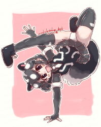 1girl :d animal_ears artist_name black_eyes black_hair black_shoes black_vest blush border breasts commentary_request dated elbow_gloves fangs fingerless_gloves gloves grey_shirt grey_skirt grey_thighhighs handstand kemono_friends looking_at_viewer multicolored_hair nakashi_masakumi necktie one_arm_handstand open_mouth panties pink_background pleated_skirt shirt shoes short_hair short_sleeves skindentation skirt skunk_ears skunk_girl skunk_tail small_breasts smile solo spotted_skunk_(kemono_friends) tail thighhighs underwear v-shaped_eyebrows vest white_border white_hair white_necktie white_panties
