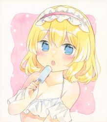 Rule 34 | 1girl, :o, alice margatroid, alternate costume, bikini, blonde hair, blue eyes, blush, breasts, cleavage, collarbone, commentary, food, frilled hairband, frills, hairband, highres, holding, holding food, holding popsicle, kagome f, medium breasts, open mouth, painting (medium), pink hairband, popsicle, short hair, solo, swimsuit, touhou, traditional media, upper body, watercolor (medium), white bikini