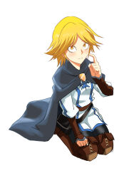Rule 34 | 1girl, belt, black pants, blonde hair, blush, boots, brown belt, brown boots, full body, highres, long sleeves, neia baraja, overlord (maruyama), pants, print shirt, sanpaku, seiza, shirt, simple background, sitting, smile, solo, uns (sdsxsoverlord), white background, yellow eyes