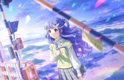 1girl asari_nanami beach blue_eyes blue_hair cloud game_cg idolmaster idolmaster_cinderella_girls idolmaster_cinderella_girls_starlight_stage japanese_text mountainous_horizon neck_ribbon official_art plaid_clothes plaid_skirt railroad_crossing ribbon skirt solo sunlight sweater_vest water