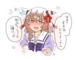 1girl @_@ blush breasts brown_hair collarbone commentary_request drunk hair_between_eyes hair_ornament highres matsuba_mattsu open_mouth reaching reaching_towards_viewer red_eyes school_uniform small_breasts solo still_in_love_(umamusume) tracen_school_uniform translation_request umamusume veil white_background