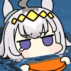 Rule 34 | 1girl, ahoge, animal ears, commentary, crying, crying with eyes open, grey hair, holding kickboard, horse ears, horse girl, jazz jack, kickboard, long hair, lowres, oguri cap (umamusume), partially submerged, purple eyes, solo, swimming, tears, umamusume