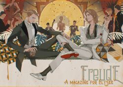 Rule 34 | 3girls, 6+boys, alcohol, axis powers hetalia, bare shoulders, between fingers, black bow, black bowtie, black dress, black hair, black jacket, black necktie, black pants, black socks, blonde hair, blue eyes, border, bow, bow (music), bowtie, brown dress, buttons, cigar, closed mouth, collared shirt, concert, confetti, couch, crossed legs, cup, dress, drinking glass, english text, faceless, faceless male, facial hair, fingernails, formal clothes, france (hetalia), full body, germany (hetalia), grey jacket, grey shirt, hand up, highres, holding, holding bow (music), holding cigar, holding cup, holding instrument, holding violin, instrument, jacket, lapels, leaf, long sleeves, looking at another, looking at viewer, microphone, multiple boys, multiple girls, music, necktie, no eyes, on couch, open clothes, open jacket, oplusplusplus, outside border, pants, pillow, plant, playing instrument, purple eyes, red lips, shirt, shoes, short hair, singing, sitting, sleeveless, sleeveless dress, smile, socks, standing, strapless, strapless dress, suit, suit jacket, teeth, vest, violin, whiskey, white border, white bow, white bowtie, white jacket, white pants, white shoes, white vest, yellow dress