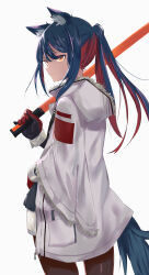 1girl absurdres animal_ear_fluff animal_ear_piercing animal_ears ao_oni_(onioni-aoi) arknights black_gloves brown_pantyhose closed_mouth commentary_request cowboy_shot energy_sword expressionless from_side fur-trimmed_hood fur-trimmed_jacket fur-trimmed_sleeves fur_trim gloves grey_jacket hair_between_eyes hand_up highres holding holding_sword holding_weapon hood hood_down hooded_jacket jacket lightsaber long_hair long_sleeves looking_to_the_side multicolored_hair official_alternate_costume orange_eyes orange_lightsaber pantyhose partial_commentary ponytail purple_hair purple_tail red_gloves red_hair sidelocks simple_background solo standing sword tail texas_(arknights) texas_(winter_messenger)_(arknights) two-tone_hair weapon white_background wide_sleeves wolf_ears wolf_girl wolf_tail wrist_cuffs