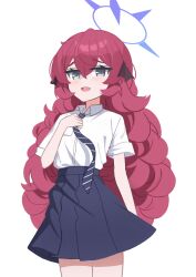 1girl absurdres adjusting_clothes adjusting_necktie alternate_costume anma21 black_eyes blue_archive blue_halo blue_necktie blue_skirt collared_shirt commentary cowboy_shot hair_ribbon halo highres iroha_(blue_archive) long_hair looking_at_viewer necktie open_mouth red_hair ribbon shirt short_sleeves simple_background skirt solo standing very_long_hair wavy_hair white_background white_shirt