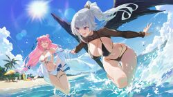 2girls absurdres ball bare_shoulders barefoot beach beach_chair beach_umbrella beachball bikini black_bikini black_wings blue_bow blue_sky blush bow bow_bikini breasts character_request cleavage closed_eyes cloud collarbone commentary_request covered_collarbone cup day double_bun drinking_glass drinking_straw dutch_angle feathered_wings food fruit gold_thighlet guest_art hair_between_eyes hair_bun hair_ornament halterneck highres holding_hands houchi_shoujo jacket jewelry large_breasts leaning_forward lemon lemon_slice lens_flare long_hair long_sleeves m.q_(mqkyrie) marine_day mountainous_horizon multiple_girls navel ocean off_shoulder open_mouth outdoors palm_tree pink_hair ponytail purple_eyes see-through_shrug shrug_(clothing) sign sky smile splashing standing stomach sun sunlight surfboard swim_ring swimsuit table thighlet thighs tree umbrella very_long_hair wading water_drop white_bikini white_hair white_jacket wings