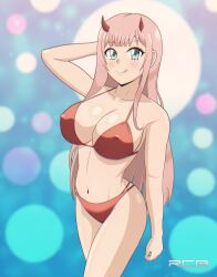 Rule 34 | 1girl, absurdres, arm behind head, armpits, artist name, bikini, breasts, cleavage, covered erect nipples, darling in the franxx, green eyes, highres, horns, large breasts, legs, licking lips, long hair, looking at viewer, navel, pink hair, rcbcreates, red bikini, smile, solo, swimsuit, thighs, tongue, tongue out, zero two (darling in the franxx)