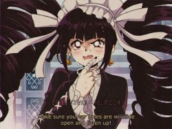 1990s_(style) 1girl artist_name bell_sleeves big_hair black_hair black_jacket black_nails blazer blunt_bangs blush celestia_ludenberg center_frills claw_ring collared_shirt commentary criis-chan danganronpa:_trigger_happy_havoc danganronpa_(series) drill_hair earrings english_commentary english_text frilled_sleeves frills hair_ribbon jacket jewelry lace-up_sleeves lapels long_hair nail_polish neck_ribbon open_mouth pointing pointing_up retro_artstyle ribbon ring shaded_face shirt sidelocks spoilers subtitled sweat teeth tumblr_username twintails v-shaped_eyebrows vhs_artifacts watermark weapon web_address white_ribbon white_shirt wing_collar