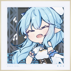 1girl ^_^ ahoge artist_name beret blue_bow blue_bowtie blue_hair blush bodice border bow bowtie braid chibi chibi_only closed_eyes colored_tips commentary corset double-parted_bangs english_commentary fang forever9nine frilled_straps frills gloves hair_between_eyes half_up_braid hands_on_own_cheeks hands_on_own_face hat highres hololive hololive_idol_uniform_(origin) idol idol_clothes long_hair multicolored_hair music official_alternate_costume open_mouth outstretched_hand pointy_ears reaching reaching_towards_viewer singing sleeveless solo stage streaked_hair underbust very_long_hair virtual_youtuber white_gloves white_hat wrist_cuffs yukihana_lamy