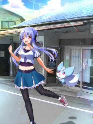 1girl :d belt black_belt black_bow black_pantyhose blue_hair blue_skirt blue_sky blush bow braid butterfly_ornament clenched_hand collarbone commentary_request cropped_shirt cross-laced_shoes crown_braid day floating_hair foot_out_of_frame frilled_skirt frilled_sleeves frills gomasho_asuka grey_shoes hair_between_eyes hair_bow hair_bun hand_up happy highres inari_(summer_pockets) long_hair looking_at_viewer miniskirt navel open_mouth outdoors pantyhose red_eyes shirt shoes short_sleeves sidelocks single_hair_bun skirt sky smile sneakers solo sorakado_ao standing standing_on_one_leg summer_pockets sunlight swimsuit twitter_username very_long_hair white_shirt