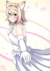 1girl alternate_costume animal_ear_fluff animal_ears bandaid bandaid_hair_ornament blonde_hair blue_eyes blush breasts collarbone dog_ears dog_girl dress elbow_gloves gloves hair_between_eyes hair_intakes hair_ornament hairclip highres hololive hololive_english horn_hairband looking_at_viewer medium_breasts mococo_abyssgard multicolored_hair naryuu_(like-af) open_mouth parallel_hairclips pink_hair reaching reaching_towards_viewer short_hair simple_background solo wedding_dress white_background white_gloves x_hair_ornament