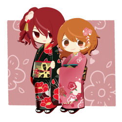 Rule 34 | 2girls, earrings, flower, hair flower, hair ornament, japanese clothes, jewelry, kimono, kirijou mitsuru, mifune miyu (weibo 5907079617), multiple girls, persona, persona 3, pink kimono, red eyes, red hair, takeba yukari, yuri