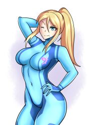 Rule 34 | 1girl, arm behind head, armpits, blonde hair, blue bodysuit, blue eyes, bodysuit, breasts, collarbone, covered navel, eyelashes, female focus, groin, hair between eyes, hand on own hip, hand up, happy, hayato stuff, high ponytail, highres, large breasts, legs, long hair, looking at viewer, metroid, mole, mole under mouth, nintendo, one eye closed, ponytail, print bodysuit, samus aran, sidelocks, skin tight, smile, standing, swept bangs, thighs, turtleneck, turtleneck bodysuit, wink, zero suit
