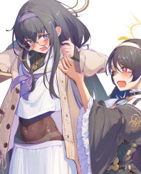 2girls akisyafasub blue_archive fine_fabric_emphasis halo highres hinata_(blue_archive) lifting_person multiple_girls nun round_eyewear smile tagme ui_(blue_archive) yellow_halo