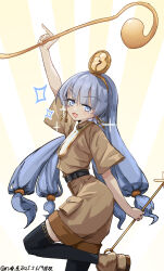 1girl absurdres belt black_belt black_thighhighs blue_eyes blue_hair blunt_bangs brown_shirt brown_shorts collared_shirt commentary_request dated earrings foot_out_of_frame fossilized_wonders headpiece highres holding holding_staff jewelry key_earrings long_hair looking_at_viewer michigami_nareko one-hour_drawing_challenge open_mouth quad_tails shirt short_sleeves shorts smile solo staff standing standing_on_one_leg thighhighs touhou ve1024 very_long_hair yellow_background