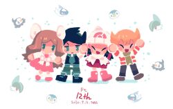 Rule 34 | 2boys, 2girls, :d, anniversary, arms up, barry (pokemon), beanie, black footwear, black hair, black vest, blonde hair, blush, blush stickers, boots, bow, brown footwear, brown hair, caitlin (pokemon), chibi, closed mouth, commentary request, creatures (company), dated, dawn (pokemon), dress, full body, gallade, game freak, gen 3 pokemon, gen 4 pokemon, green eyes, green necktie, green pants, green scarf, grey pants, hat, latios, legendary pokemon, long hair, multiple boys, multiple girls, necktie, nintendo, open mouth, orange shirt, pants, pink boots, pink dress, pink skirt, pink socks, piplup, pokemon, pokemon (creature), pokemon dppt, pokemon platinum, scarf, shirt, shoes, short hair, simple background, skirt, smile, socks, standing, starly, striped clothes, striped shirt, thorton (pokemon), tora (ctiger), vest, white background, white bow, white hat, white scarf, white shirt