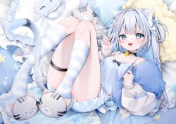 1girl :d absurdres animal_ears bandaid bell black_choker blue_camisole blue_eyes blue_hair blue_shorts blush bow breasts camisole cardigan cat_ears cat_girl cat_tail choker claw_pose colored_inner_hair fangs frilled_pillow frills full_body grey_hair hair_ornament highres holding holding_pillow hugging_object kneehighs long_hair long_sleeves looking_at_viewer loungewear lying mask miko_suuuuu multicolored_hair neck_bell on_back open_mouth original pillow shorts sleep_mask sleeves_past_wrists slippers small_breasts smile socks solo star_(symbol) striped_clothes striped_socks stuffed_animal stuffed_cat stuffed_toy tail teeth thigh_strap two_side_up
