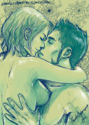 Rule 34 | 1boy, 1girl, bleach, breasts, couple, closed eyes, green theme, hetero, highres, hug, kurosaki isshin, kurosaki masaki, monochrome, nipples, nude, short hair, sideboob, aged down