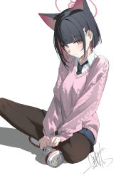1girl absurdres alternate_costume animal_ears black_necktie black_pantyhose blue_archive blue_skirt blunt_ends blush cat_ears cat_girl closed_mouth colored_inner_animal_ears colored_inner_hair extra_ears hair_ornament hairclip highres indian_style kazusa_(blue_archive) looking_at_viewer multicolored_hair necktie on_ground pantyhose pink_sweater qtian red_shoes shirt shoes short_hair sidelocks sitting skirt solo sweater two-tone_hair white_shirt