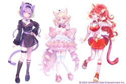 Rule 34 | 3girls, :d, ahoge, animal ear fluff, animal ears, back bow, bare shoulders, black bow, black dress, black hairband, black hat, black shoes, black socks, blonde hair, blue hair, blush, bow, camisole, cat ears, cat girl, cat tail, choker, closed mouth, collarbone, commentary request, copyright notice, cropped shirt, detached sleeves, dress, fang, frilled dress, frills, full body, garter straps, hair ornament, hairband, hand on own hip, hat, headphones, headphones around neck, highres, kappe reeka, kneehighs, long sleeves, looking at viewer, loose socks, multicolored hair, multiple girls, nail polish, nyamaharu eru, nyamakage neon, nyamakumo fuwari, nyantasia, off shoulder, open mouth, pink bow, pink eyes, pink shoes, polka dot, polka dot scrunchie, ponytail, red camisole, red choker, red eyes, red hair, red nails, red scrunchie, red shoes, red skirt, scrunchie, shirt, shoes, short hair, short sleeves, simple background, skirt, smile, sneakers, socks, standing, standing on one leg, star (symbol), star hair ornament, streaked hair, tail, tail bow, tail ornament, thigh strap, thighhighs, virtual youtuber, white background, white shirt, white socks, white thighhighs, wrist scrunchie, yellow dress, yellow eyes