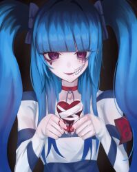 1girl absurdres amemiya_darumi black_background black_bow black_hair blood blood_on_hands blue_hair bow collar collarbone female_focus heart highres lips long_sleeves looking_at_viewer makeup multicolored_hair pink_eyes portrait safety_pin shirt simple_background solo solo_focus striped_clothes striped_shirt the_hundred_line_-last_defense_academy- twintails upper_body