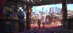 6+boys bald blue_sky boots building city cityscape cloud crowd day fantasy from_behind highres market_stall multiple_boys multiple_girls noba old old_man original outdoors pavement people road scenery shop signature sky street sunlight vanishing_point walking