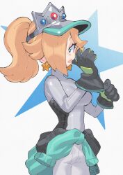 1girl biker_clothes bikesuit blonde_hair blue_eyes bodysuit clothes_around_waist crown earrings gloves hair_over_one_eye highres inkerton-kun jacket jacket_around_waist jewelry long_bangs looking_at_viewer mario_(series) mario_kart mario_kart_world nintendo parted_bangs ponytail rosalina rosalina_(pro_racer) shirt simple_background solo star_(symbol) star_earrings tight_clothes tight_shirt visor_cap white_background