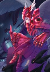 1girl armor armored_boots bat_(animal) boots feathered_wings full_armor nzz overlord_(maruyama) red_armor red_eyes shalltear_bloodfallen solo vampire white_hair wings