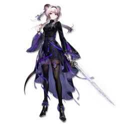 1girl animal_ears arknights artist_collaboration black_dress black_hairband black_pantyhose black_shoes breasts dress full_body hairband highres holding holding_sword holding_weapon liduke lin_(arknights) long_hair long_sleeves looking_at_viewer medium_breasts mouse_ears official_art pantyhose purple_eyes purple_hair shoes solo standing sword transparent_background weapon wide_sleeves yyb