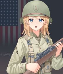 Rule 34 | 1girl, 1st infantry division (us army), absurdres, american flag, american flag background, ammunition pouch, artist name, belt, blonde hair, blue eyes, brown belt, brown shirt, combat helmet, commentary, flag background, green hat, green jacket, gun, hair between eyes, hat, helmet, highres, holding, holding gun, holding weapon, invasion of normandy, jacket, leochan1202, long hair, looking at viewer, m1 garand, m1 helmet, military, military rank insignia, military uniform, original, pouch, rifle, shirt, solo, suspenders, unit patch, united states army, upper body, weapon, world war ii