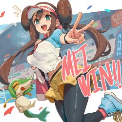 1girl absurdres bag black_pantyhose blue_eyes blush bracelet breasts brown_hair donut_hair_bun double_bun gen_5_pokemon hair_bun hat highres ishijimajirou jewelry large_breasts long_hair looking_at_viewer navel nintendo open_mouth pantyhose pantyhose_under_shorts pokemon pokemon_(creature) pokemon_bw2 raglan_sleeves rosa_(pokemon) shirt shorts shoulder_bag smile snivy stomach sweat sweatdrop twintails v visor_cap yellow_shorts