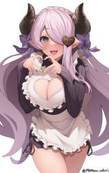 1girl absurdres apron blue_eyes braid breasts cleavage cowboy_shot crown_braid draph dress frilled_dress frills granblue_fantasy hair_over_one_eye heart heart_hands highres horns large_breasts leaning_forward long_hair looking_at_viewer maid narmaya_(granblue_fantasy) open_mouth pink_hair pointy_ears pyonsan simple_background smile solo sweater sweater_dress twitter_username very_long_hair waist_apron white_background