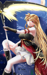 1girl adapted_costume arm_strap bardiche_(nanoha) bardiche_(scythe_form)_(nanoha) bare_shoulders black_dress black_gloves black_socks blonde_hair breasts bridal_gauntlets cityscape commentary_request crescent crescent_earrings crescent_moon dress earrings fate_testarossa feet_out_of_frame frilled_socks frills gloves highres holding holding_staff jewelry kneeling large_breasts long_hair looking_at_viewer lyrical_nanoha mage_staff mahou_shoujo_lyrical_nanoha moon multicolored_dress night night_sky outdoors paid_reward_available parted_bangs parted_lips red_dress red_eyes scythe sitting sky socks solo sougetsu_izuki staff star_(sky) starry_sky strapless strapless_dress thighs very_long_hair white_dress